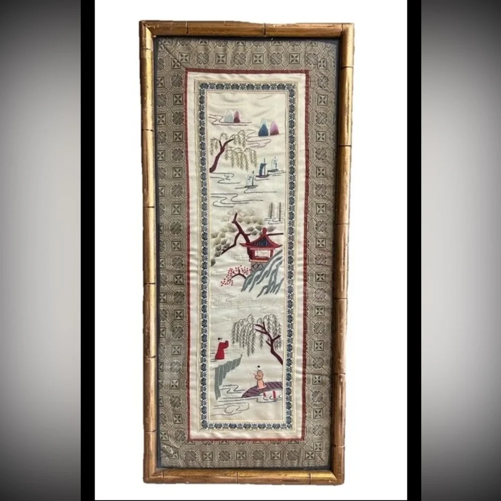 Vintage Chinese Handwoven Embroidery Framed Gold Bamboo Frame 12x24